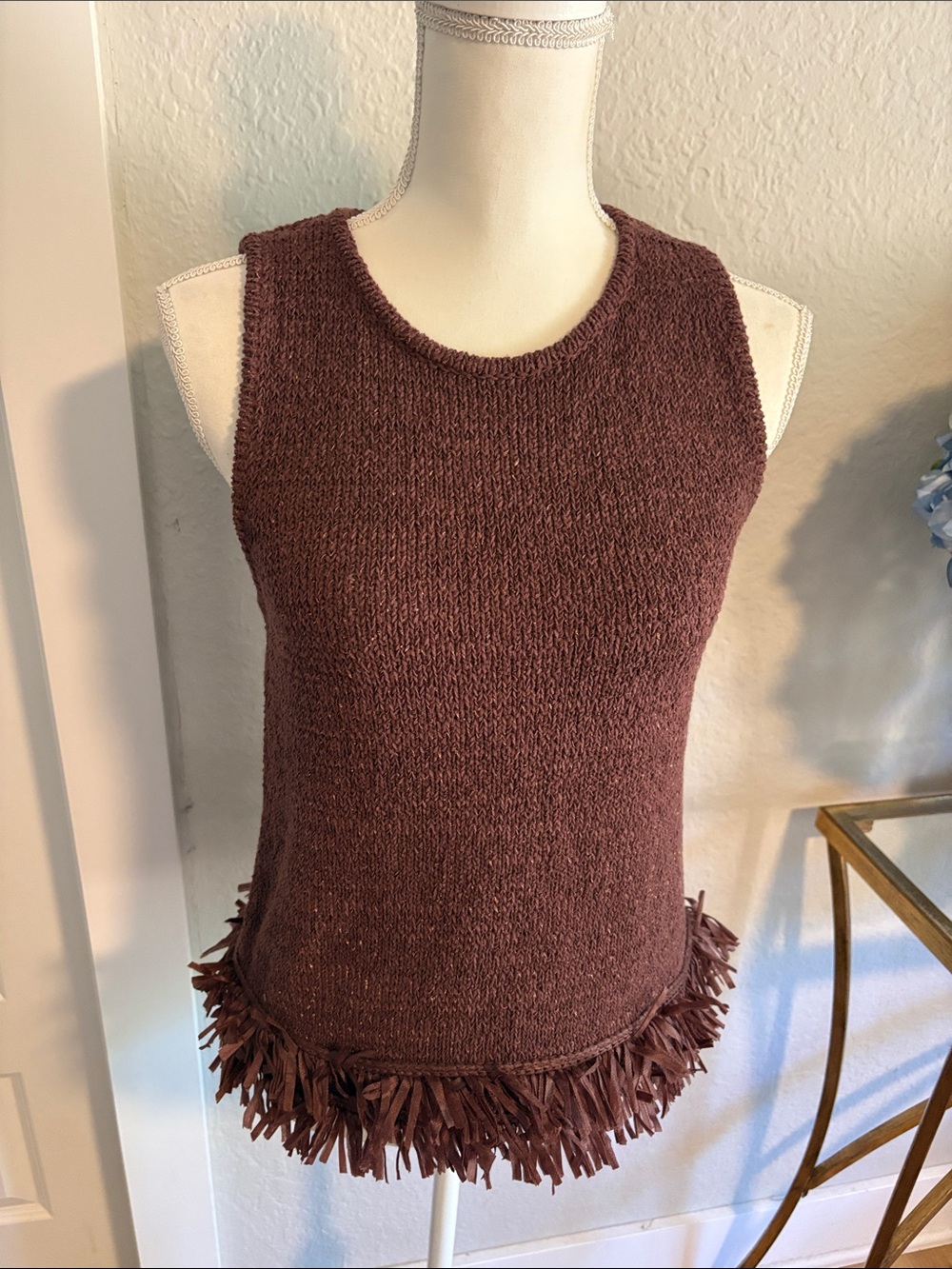 Ann Taylor Brown Fringe Hem Sleeveless Knit Sweater